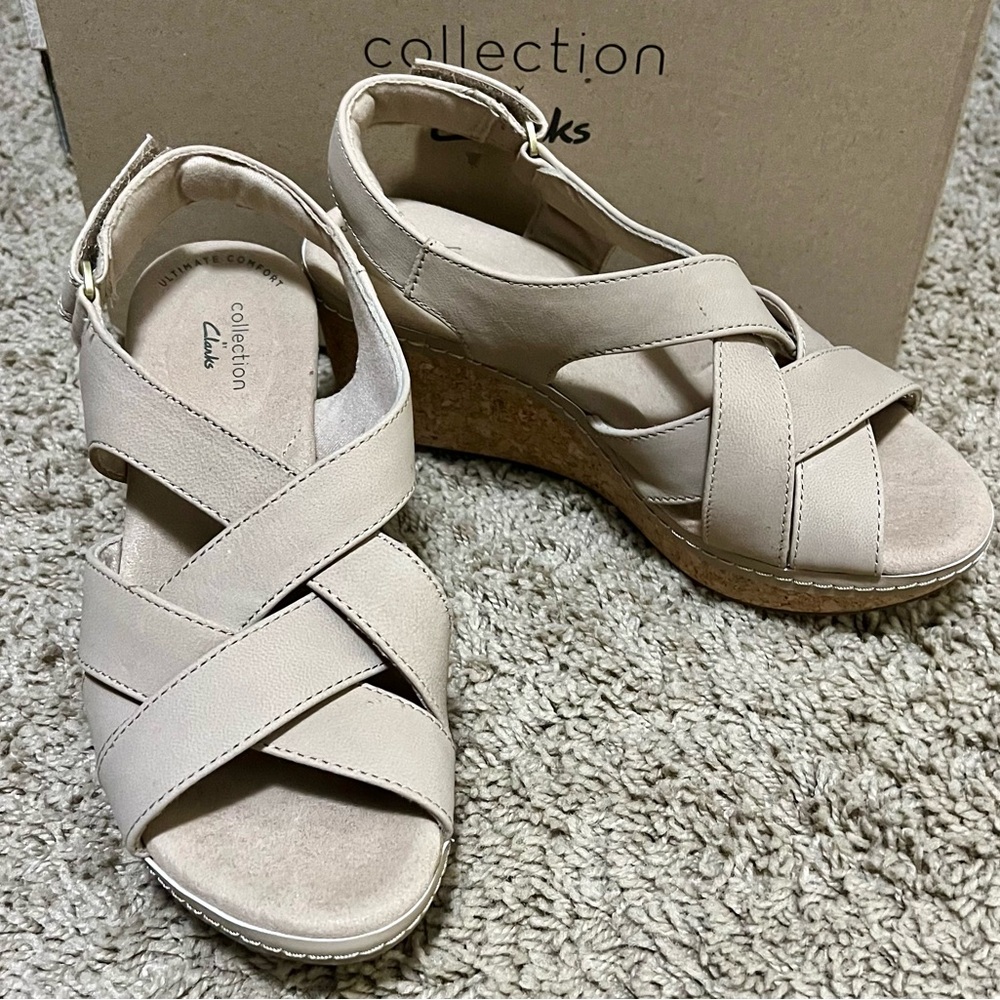 Clarks Cream Wedges with Cross-Strap Design